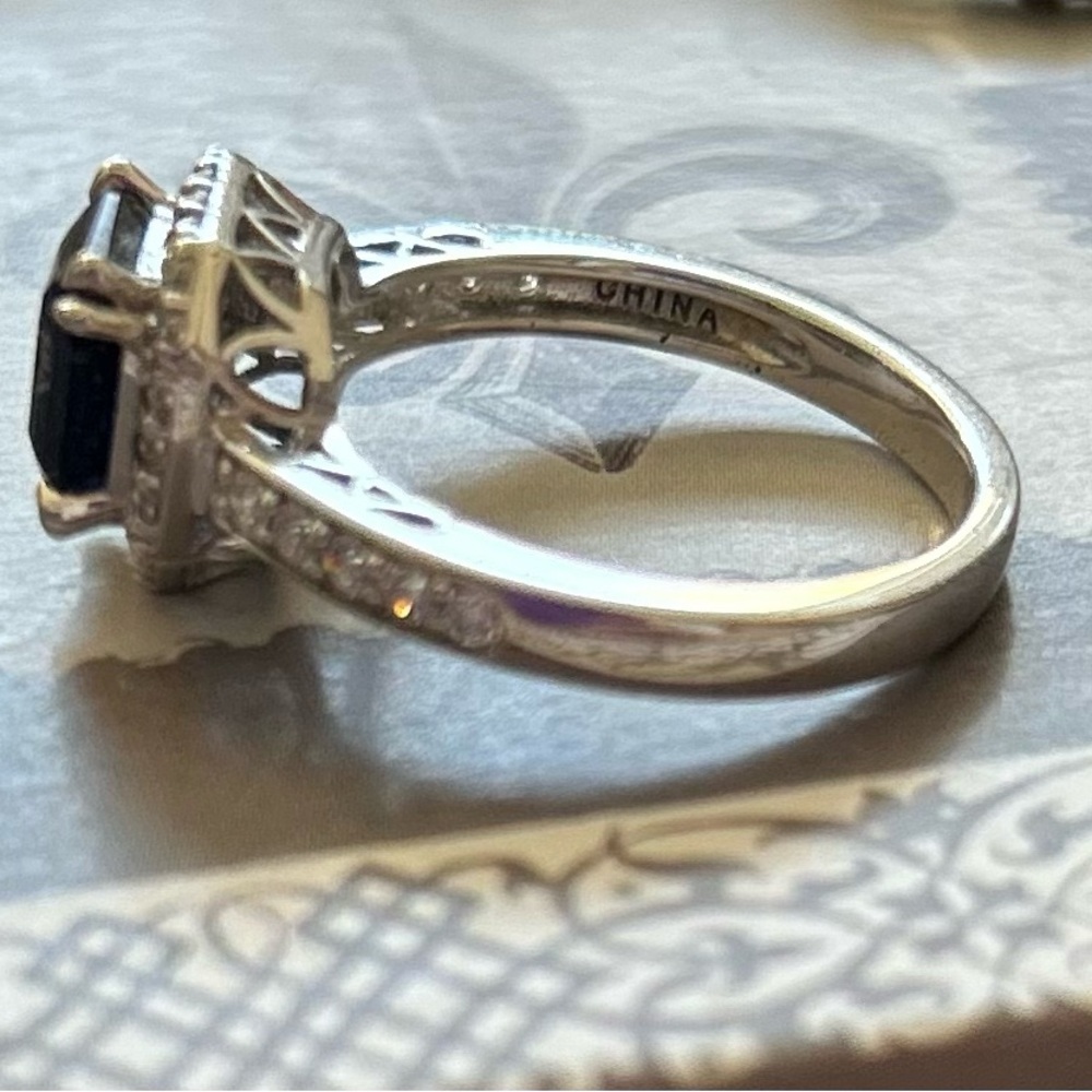 Sterling Silver Ring with Deep Blue lab sapphire and CZ surround - Picture 5 of 7